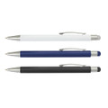 A set of three stylus pens in white, blue, and black, featuring silver accents and a logo.