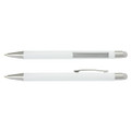A white stylus pen with silver accents and a transparent section, featuring a clip for easy attachment.