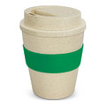 A drink bottle in a natural colour with a green silicone band and a secure lid. Features a logo.