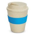 A drink bottle in a natural colour with a blue silicone band and a lid, resembling a classic takeaway coffee cup.