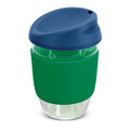 A drink bottle made of transparent borosilicate glass with a green silicone sleeve and a navy blue lid.