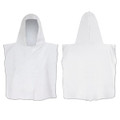 A white hooded towel with a pouch design. Features a hood and a soft texture. Includes branding on the material.