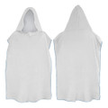 A white adult hooded towel featuring a large hood and a simple design, with a blue trim. It has a logo present.