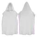 A white adult hooded towel features a purple trim. It has a cape-like design with a hood.