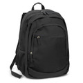 A black backpack with multiple compartments, including a zippered front pocket and mesh side pockets.