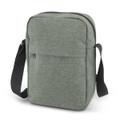 A green fabric travel bag with a zipper closure and an adjustable black strap. It features a front pocket and has a logo.