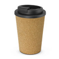 A drink bottle with a cork exterior and black lid, featuring a logo on the side.