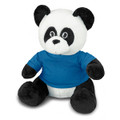 A plush panda toy featuring a black and white design, wearing a blue shirt. It has an attached logo.