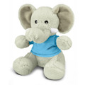 A grey elephant plush toy wearing a blue shirt, with large ears and a cute, friendly face.