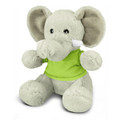 A plush toy elephant in light grey, wearing a green shirt, with soft ears and a smiling face. It has a logo on the shirt.