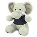 A grey elephant plush toy wearing a dark blue shirt, featuring large ears and a friendly expression.