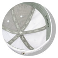 A white cap featuring a grey inner lining and a logo. Designed for golf, ideal for ball marking.