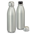 A drink bottle duo in matte silver aluminium, featuring one bottle with a screw-on lid beside it.