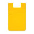 A yellow dual silicone phone wallet with two curved sections and a logo.