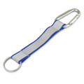 A Reflector Key Ring featuring a silver carabiner and a blue and grey strap with a circular keyring attachment.