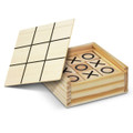 A wooden Tic Tac Toe game featuring a grid cover and pieces marked with 'X' and 'O'. The box is light brown.