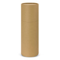 A drink bottle in a cylindrical, kraft paper packaging with a seamless design and an integrated lid.