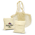 A cream cotton mesh tote bag with handles, alongside two folded cotton bag pouches, featuring a logo on one.