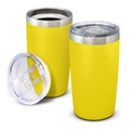 A drink bottle in vibrant yellow with a stainless steel rim and a clear lid, featuring a removable top.