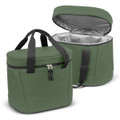 A green insulated cooler bag with a zippered top and black straps, featuring a front pocket and a silver interior.