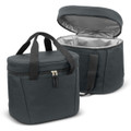 A green cooler bag with a zippered closure and two handles, featuring an insulated interior and an exterior pocket.