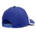 A blue and white cap featuring a branded logo and an adjustable strap at the back.