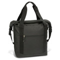 A roll top cooler bag in dark grey, featuring sturdy handles and a zippered front pocket. It includes a logo.