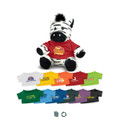 A zebra plush toy wears a red shirt, surrounded by miniature shirts in various colours featuring logos.