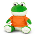 A green frog plush toy wearing an orange shirt, featuring large eyes and a friendly smile.