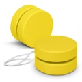 A yellow wooden yoyo with a white string, featuring a smooth finish and rounded edges. It has a logo on one side.