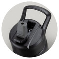 A drink bottle with a black body and a grey spout, featuring a sturdy handle and a built-in lid mechanism.