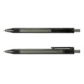 A black and clear plastic RPET pen with a capped design and a visible refill mechanism. Branding is present.