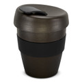A drink bottle in dark green with a black silicone band and lid, featuring a logo. Capacity is 350ml.