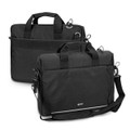 A black Swiss Peak RFID laptop bag with dual handles, adjustable shoulder strap, and a logo. Features pockets for storage.