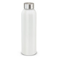 A drink bottle in a sleek white finish with a silver metal cap and a prominent logo.