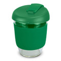 A drink bottle made of clear borosilicate glass with a green silicone sleeve and lid. Features a branding logo.