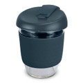 A drink bottle made of borosilicate glass with a dark teal silicone sleeve and lid, featuring a branded logo.