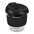 A drink bottle featuring a black silicone lid and sleeve, made of clear borosilicate glass, with a sleek design.