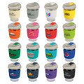 A drink bottle featuring a natural lid with a variety of colourful bodies and logos, designed for reusable use.