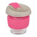 A drink bottle with a transparent glass body, pink silicone sleeve, and a speckled grey lid. It features a logo.