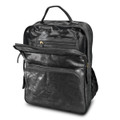A black leather backpack featuring multiple compartments and a simple design, complete with a logo on the front.