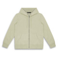 A light green unisex hoodie with a zip front, drawstring hood, and front pockets. Features a logo.