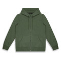 A green unisex hoodie featuring a zip front, drawstring hood, and front pockets. It also has a logo.