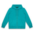 A turquoise unisex hoodie featuring a front zipper, drawstring hood, and front pockets. It includes a logo.