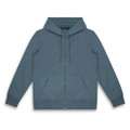 A blue unisex hoodie with a front zip and pockets, featuring a hood and ribbed cuffs. It includes a logo.