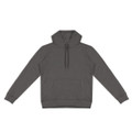 A unisex hoodie in dark grey featuring a front pocket and a drawstring hood. Includes a logo on the garment.