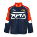 A custom men's premium softshell jacket in navy blue with red and white details, featuring a logo on the front.
