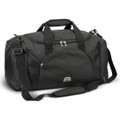 A dark green duffle bag with black accents, featuring multiple handles and a shoulder strap, with a logo.