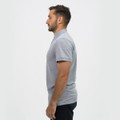 A grey polo shirt for men, featuring a collar and a side view display. The shirt has a logo on it.