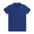 A royal blue polo shirt featuring a classic collar and short sleeves, with a logo on the breast.